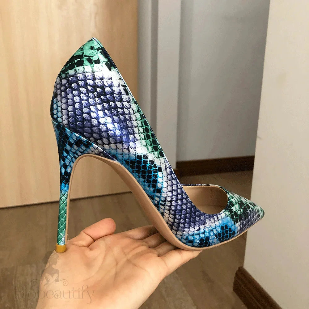 Blue Pointed Toe Stilettos High Heels With Snake Skin Pattern For Women