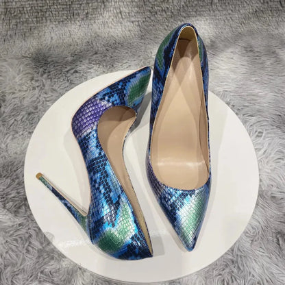 Blue Pointed Toe Stilettos High Heels With Snake Skin Pattern For Women