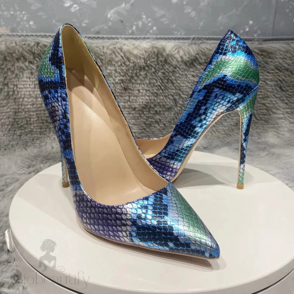 Blue Pointed Toe Stilettos High Heels With Snake Skin Pattern For Women