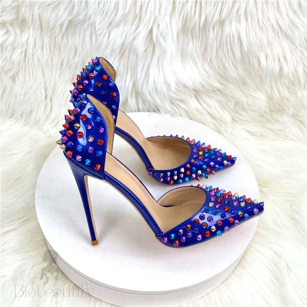 Blue Spikes Rivets Gladiator Sandals For Summer