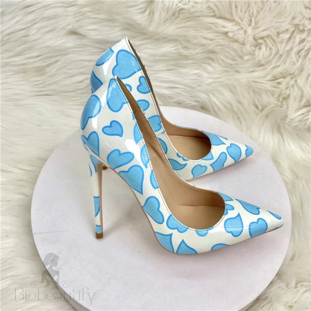 Blue Sweetheart Printed White Pointy Toe High Heel Shoes For Women