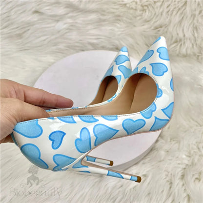 Blue Sweetheart Printed White Pointy Toe High Heel Shoes For Women