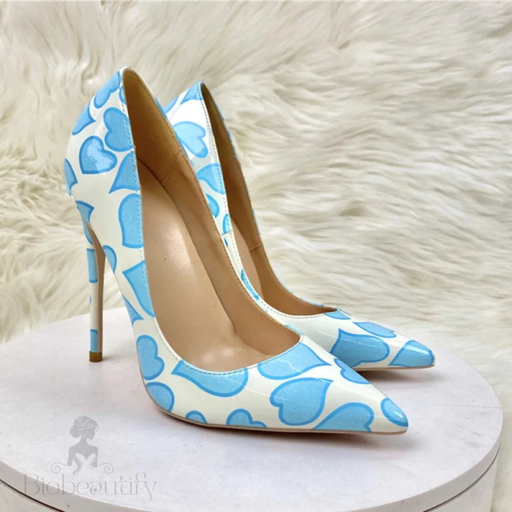 Blue Sweetheart Printed White Pointy Toe High Heel Shoes For Women