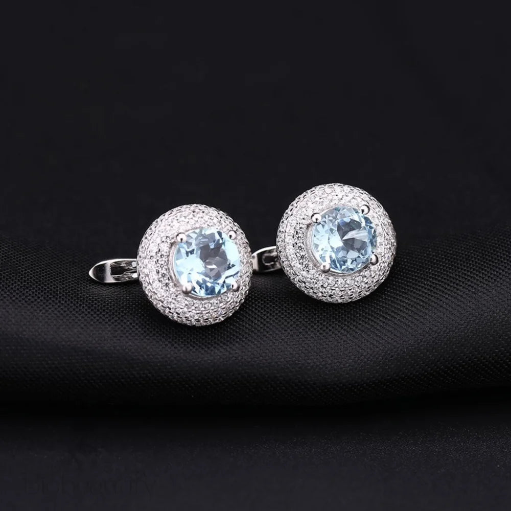 Blue Topaz Halo Cluster Stud Earrings With Clear Cubic Zirconia