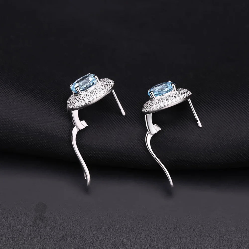 Blue Topaz Halo Cluster Stud Earrings With Clear Cubic Zirconia