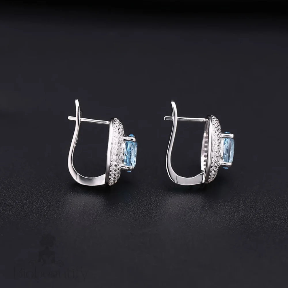 Blue Topaz Halo Cluster Stud Earrings With Clear Cubic Zirconia