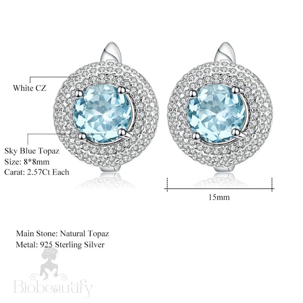 Blue Topaz Halo Cluster Stud Earrings With Clear Cubic Zirconia