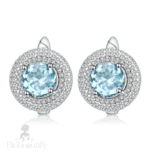 Blue Topaz Halo Cluster Stud Earrings With Clear Cubic Zirconia Sky / One Size