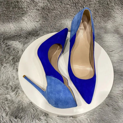 Blue Women Synthetic Suede Pointy Toe High Heel Party Dress Shoes - Contrast