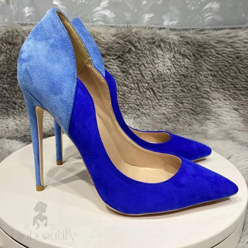 Blue Women Synthetic Suede Pointy Toe High Heel Party Dress Shoes - Contrast