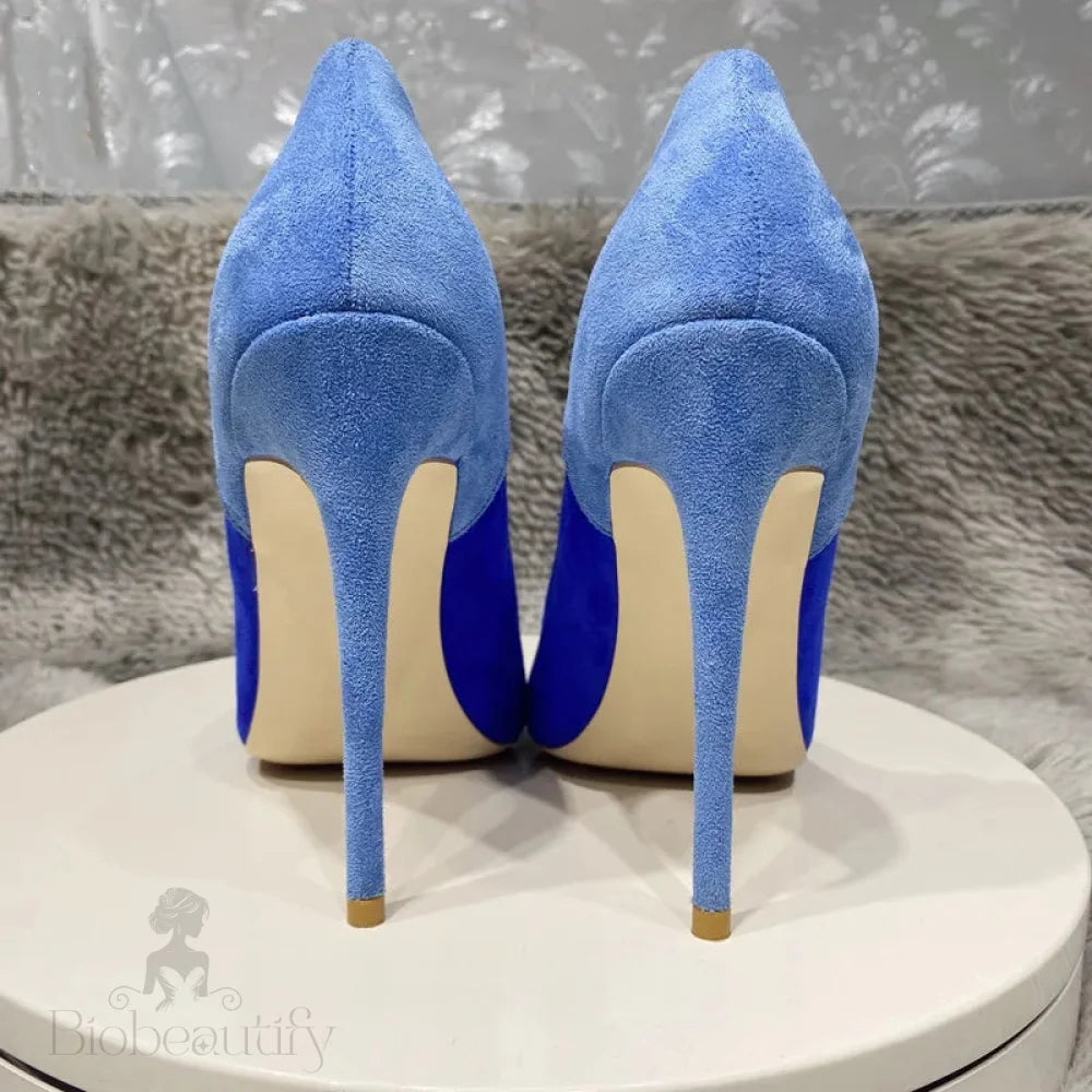 Blue Women Synthetic Suede Pointy Toe High Heel Party Dress Shoes - Contrast