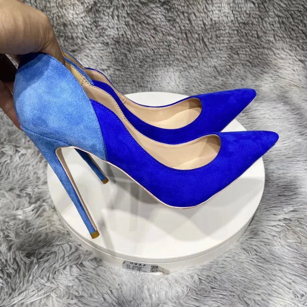 Blue Women Synthetic Suede Pointy Toe High Heel Party Dress Shoes - Contrast