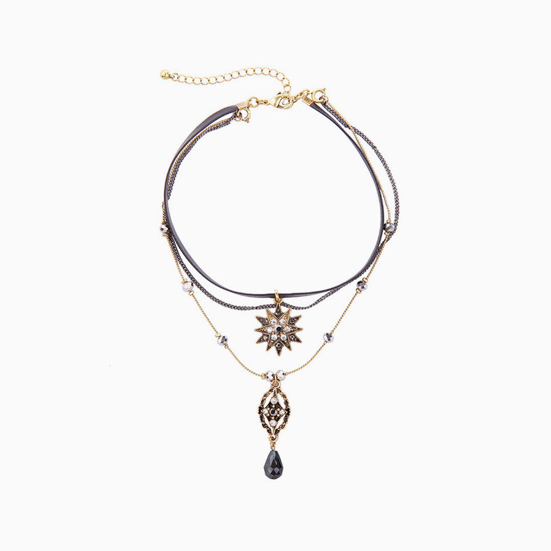 Black Layered Necklace With Rhinestone Pendant Charm One Size /