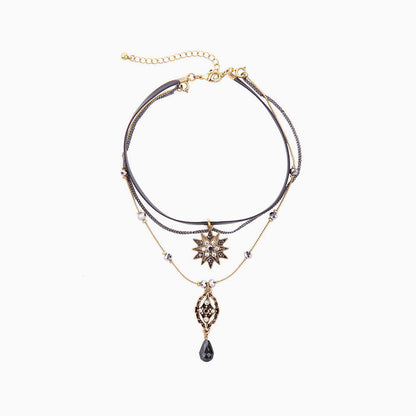 Black Layered Necklace With Rhinestone Pendant Charm One Size /