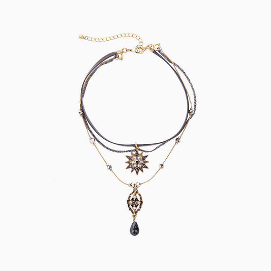 Black Layered Necklace With Rhinestone Pendant Charm One Size /