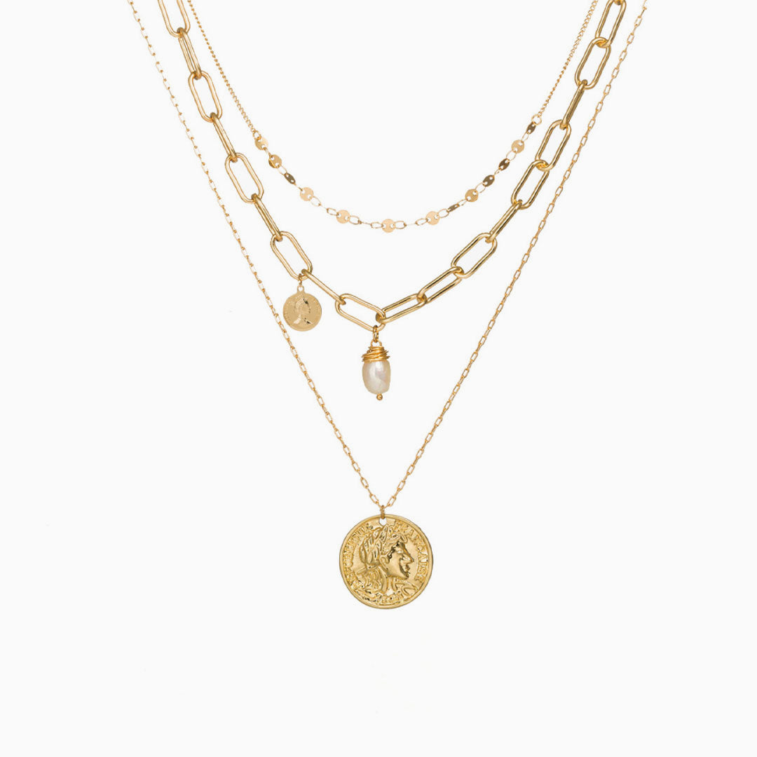Layered Gold Coin Pendant Chain-Link Necklace One Size /