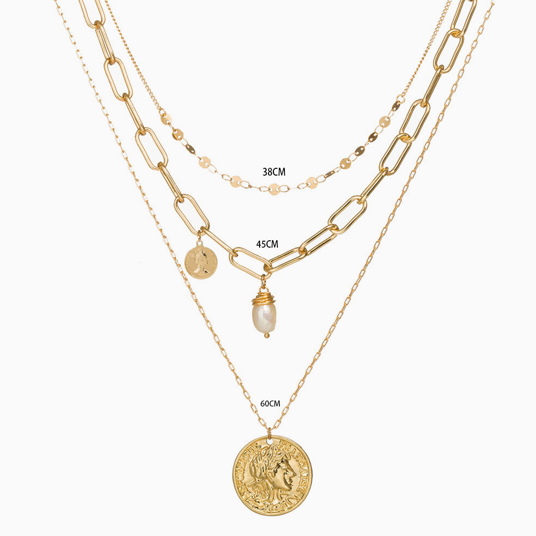 Layered Gold Coin Pendant Chain-Link Necklace