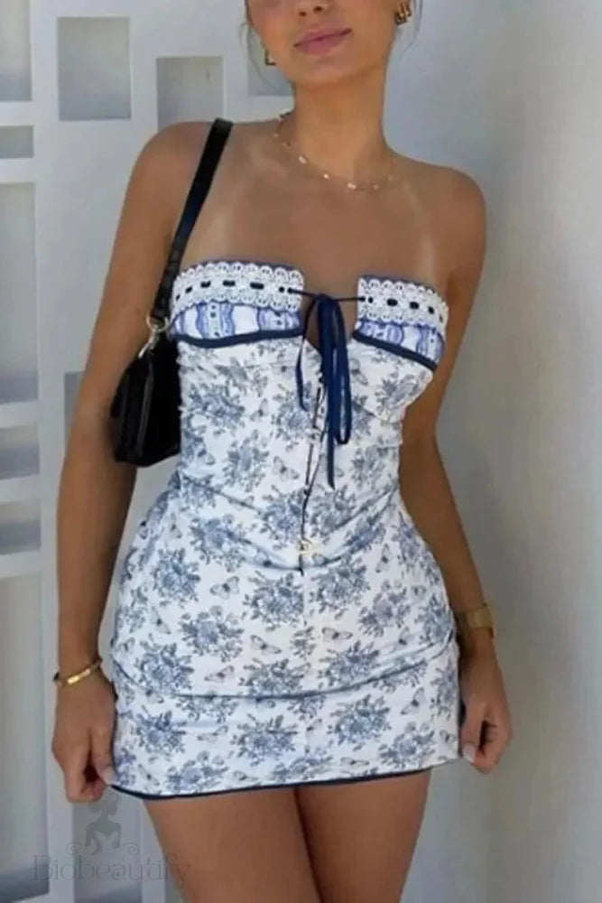 Boho Floral Print Off Shoulder Lace-Up Mini Dress