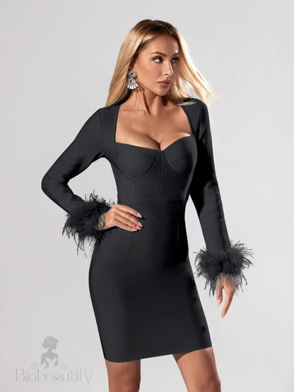 Candace Bandage Long Sleeve Feather Dress - SunsetFashionLA