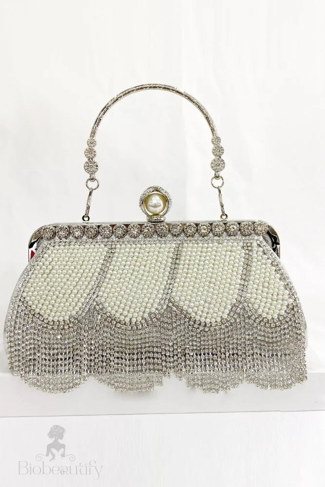 Bolso De Fiesta Negro Con Flecos Cuentas Plata / One Size