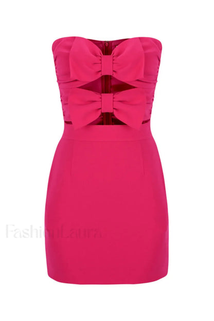 Bow Detailed Stylish Mini Dress S / Fuchsia