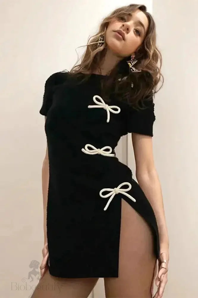 Bow Mini Dress With Side Slit