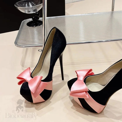 Bowknot Round Toe Platform Pumps For Women Wedding Banquet Shoes