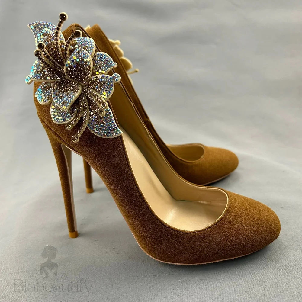 Brown Flock Suede High Heel Shoes With Rhinestone Flower Decoration