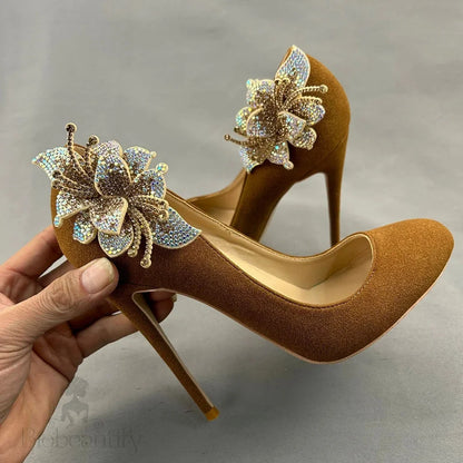 Brown Flock Suede High Heel Shoes With Rhinestone Flower Decoration