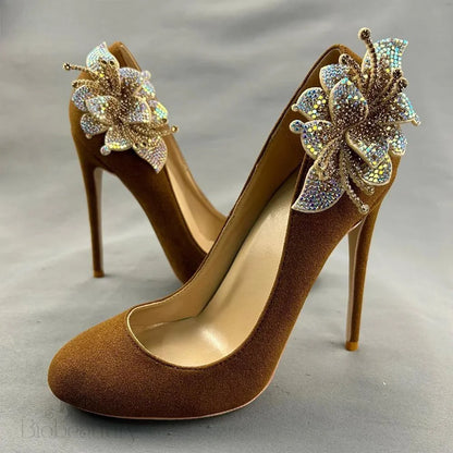 Brown Flock Suede High Heel Shoes With Rhinestone Flower Decoration