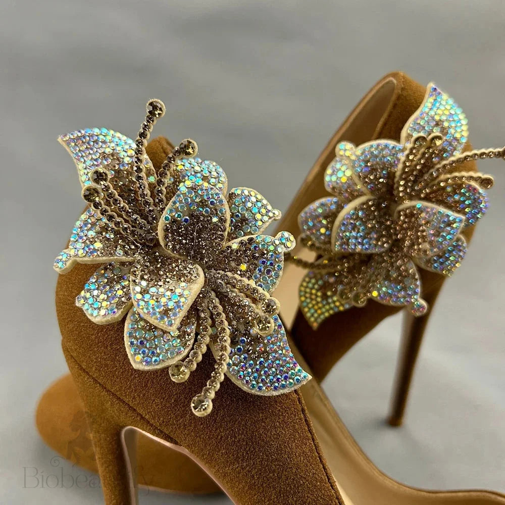 Brown Flock Suede High Heel Shoes With Rhinestone Flower Decoration