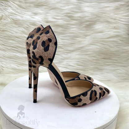 Brown Leopard Hairy Flock Pointy Toe High Heel Shoes