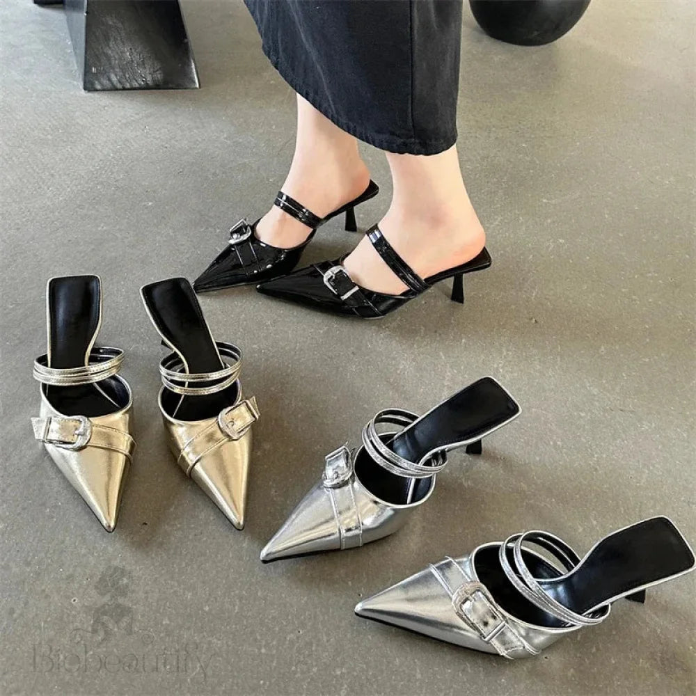 Buckle Strap Thin Heel Pointed Toe Spring Slippers For Women