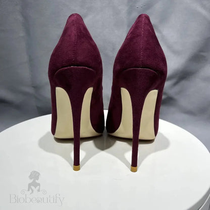 Burgundy Faux Suede Pointy Toe High Heel Shoes For Women