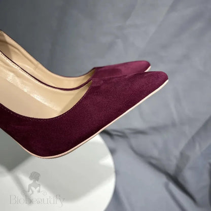 Burgundy Faux Suede Pointy Toe High Heel Shoes For Women