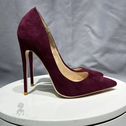 Burgundy Faux Suede Pointy Toe High Heel Shoes For Women