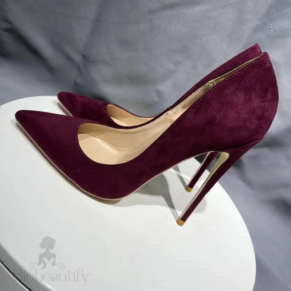 Burgundy Faux Suede Pointy Toe High Heel Shoes For Women