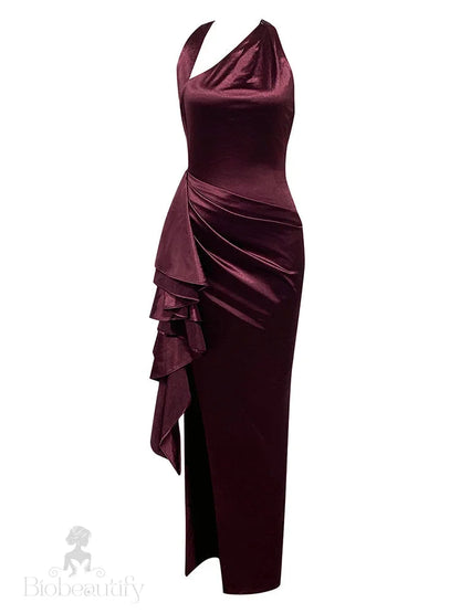 Burgundy High-Low Shirley Halter Dress