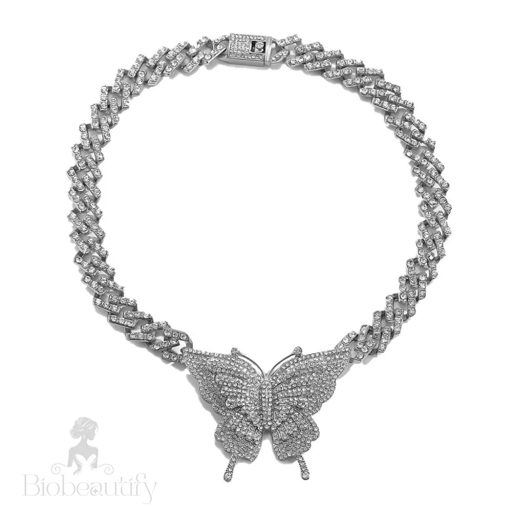 Butterfly Charm Statement Necklace With Sparkly Rhinestones - Silver