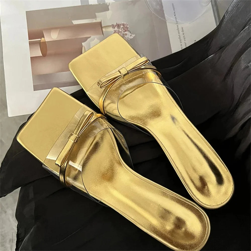 Butterfly-Knot Slipper Women Pvc Transparent Square Toe Low Thin Heels For Summer Fashion