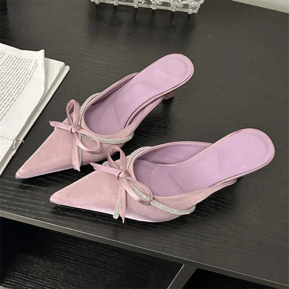 Butterfly-Knot Woman Slippers Pumps Low Heels Pointed Toe Shoes