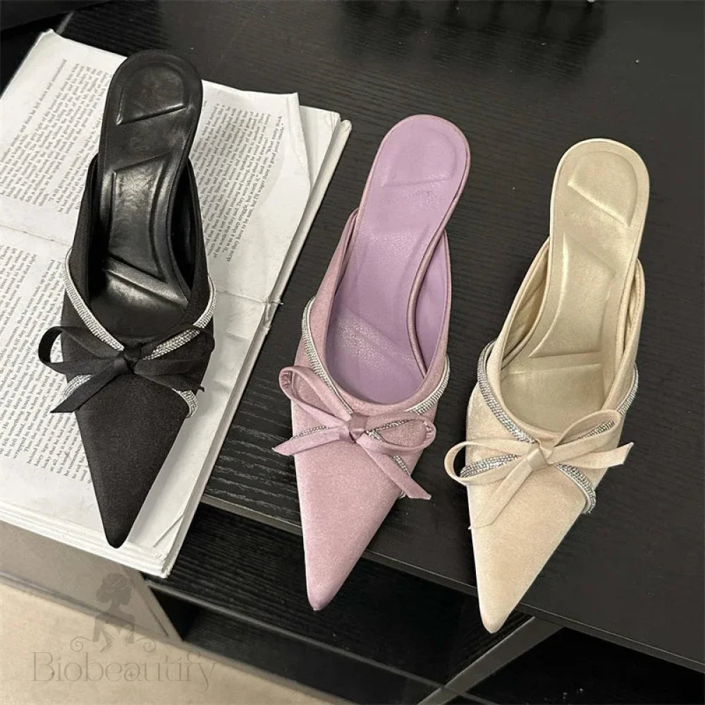 Butterfly-Knot Woman Slippers Pumps Low Heels Pointed Toe Shoes