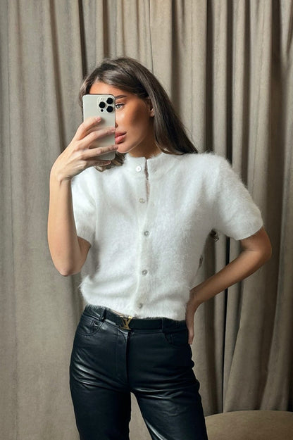 Fuzzy Short Sleeve Button Front Knit Sweater