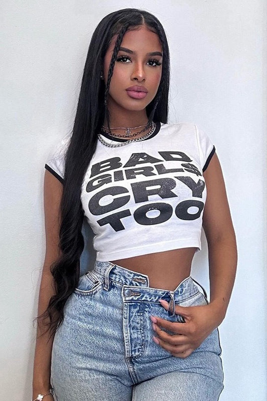 Statement Graphic Contrast Trim Cropped T-Shirt