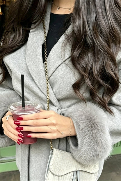 Fur Cuff Belted Wrap Coat