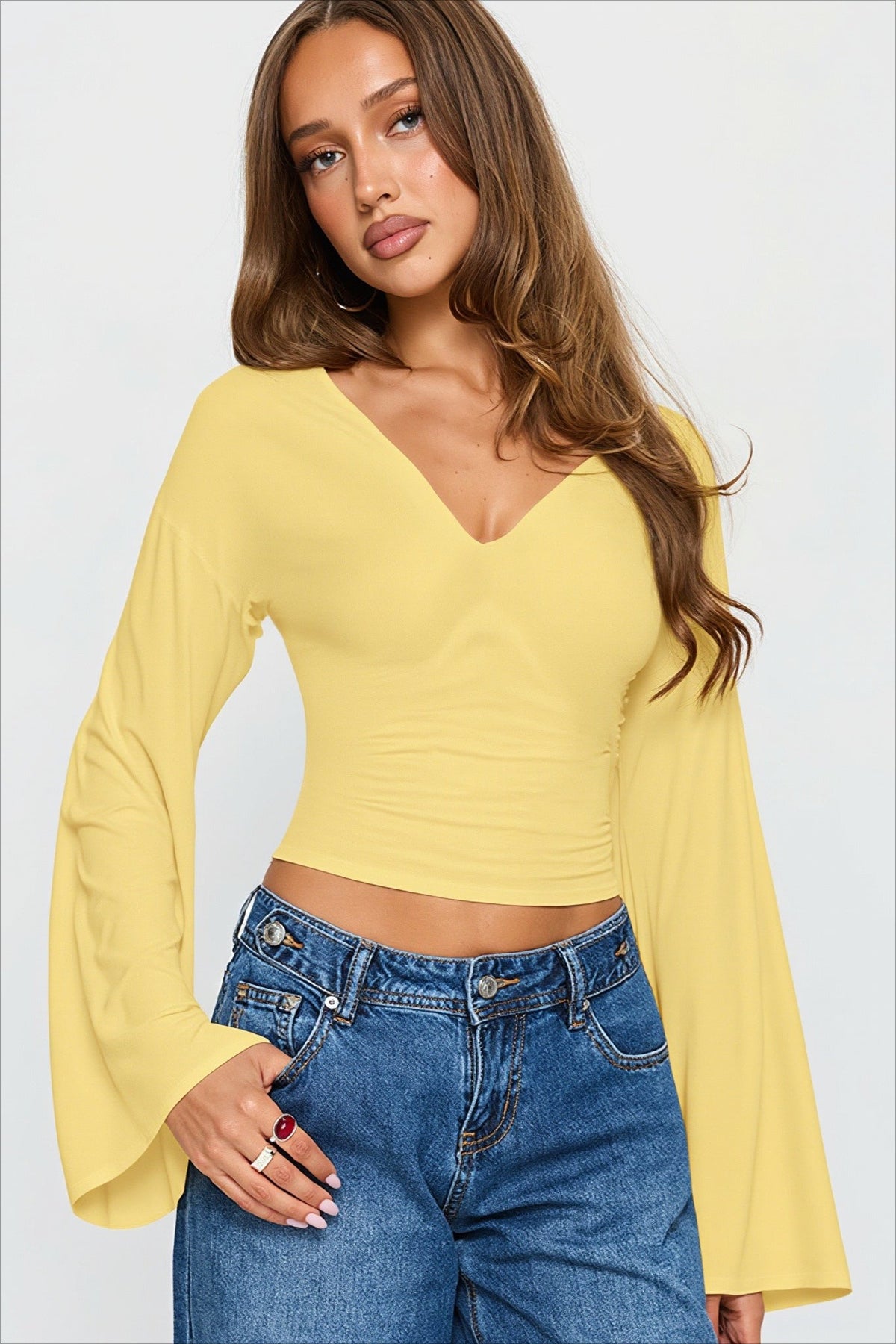 Draped V Neck Flared Sleeve Long Sleeved T-shirts