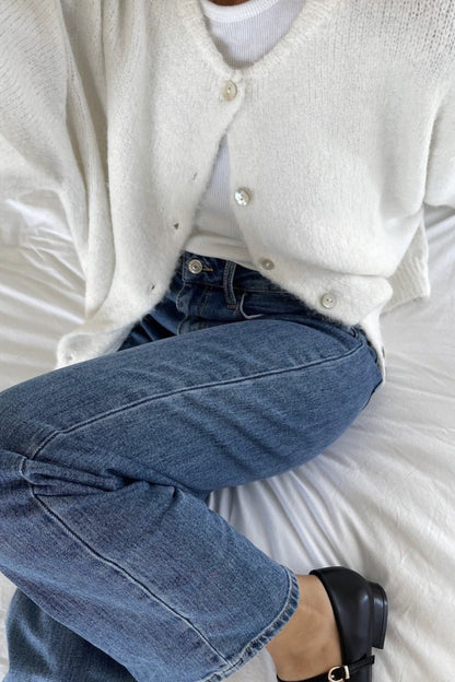 Textured Crew Neck Button Up Knit Cardigan