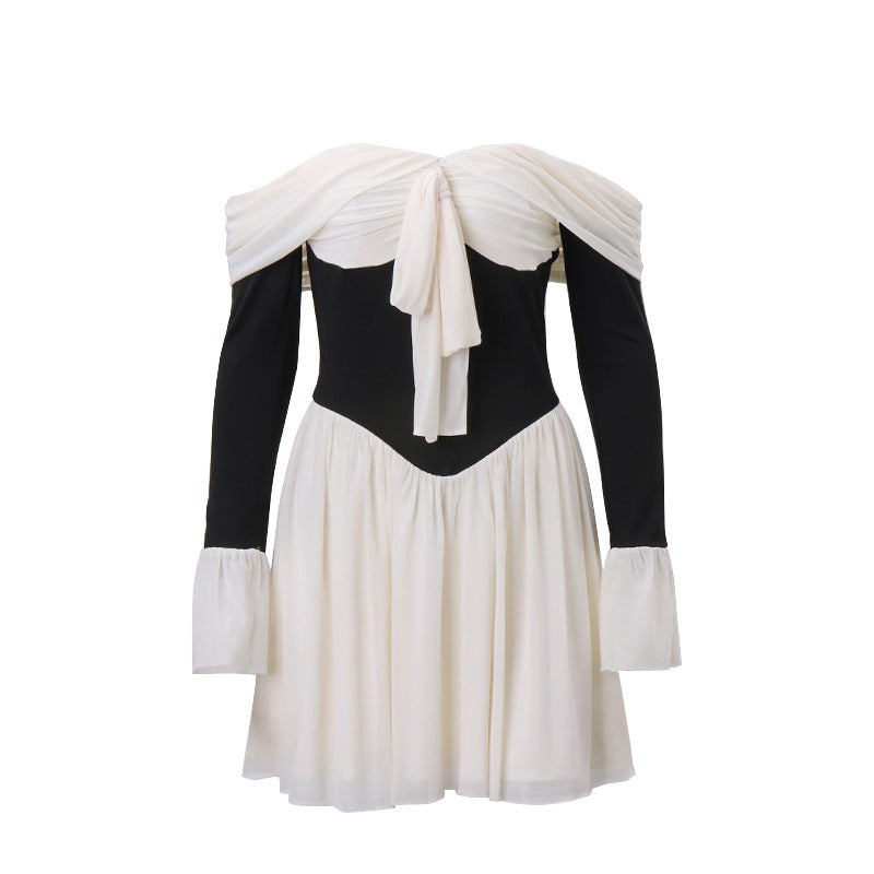 Off-Shoulder Color-Matching Dress For Women White / L