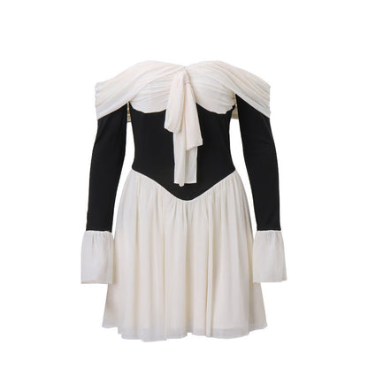 Off-Shoulder Color-Matching Dress For Women White / L
