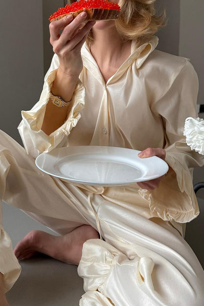 Ruffle Button Pajama Top Wide Leg Pants Set